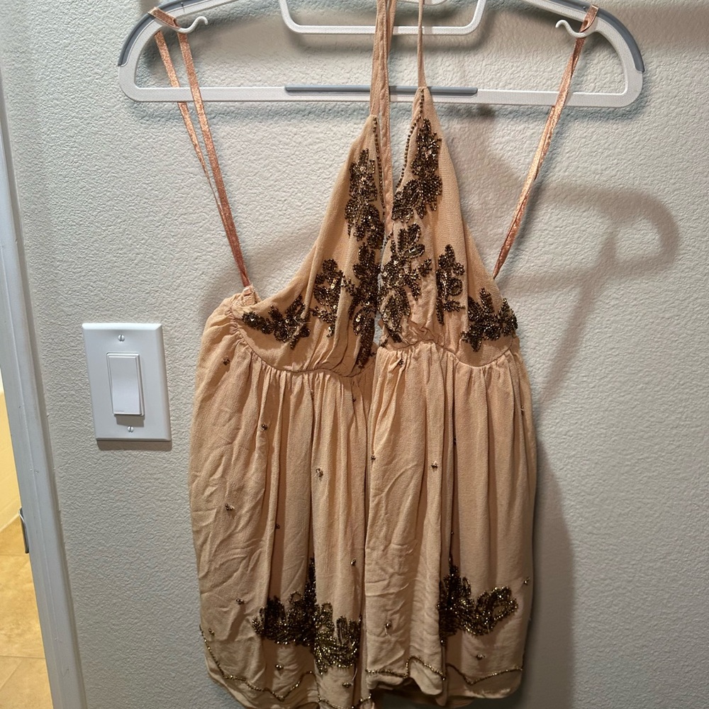 Kimchi Blue Beige Halter Tank with Brown Sequin Floral Embellishment
